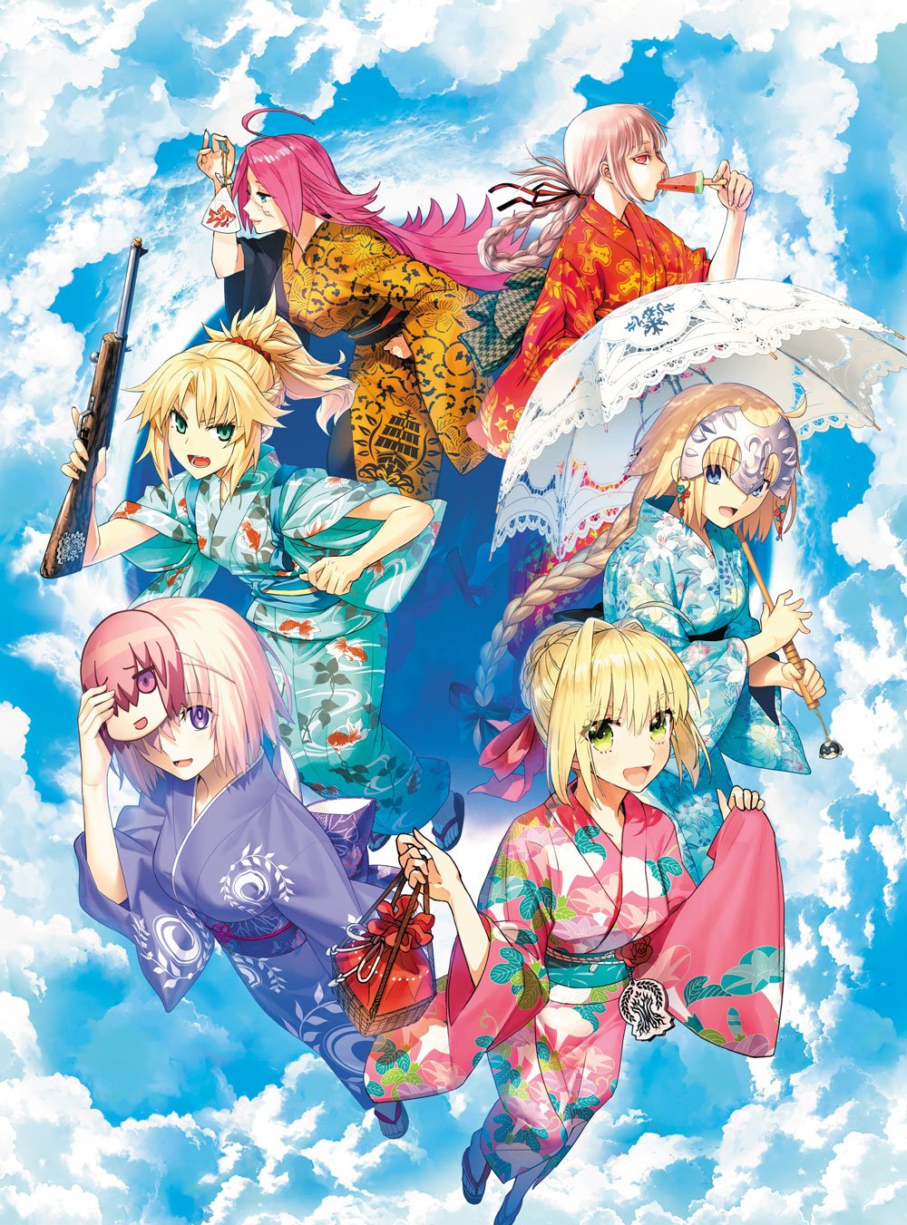 10s, 6+girls, ahoge, blonde_hair, braid, cloud, craft_essence_(fate), eyes_visible_through_hair, fate/apocrypha, fate/extra, fate/grand_order, fate_(series), fish, florence_nightingale_(anniversary_heroines)_(fate), florence_nightingale_(fate), food, francis_drake_(anniversary_heroines)_(fate), francis_drake_(fate), goldfish, gun, highres, holding, holding_umbrella, japanese_clothes, jeanne_d'arc_(anniversary_heroines)_(fate), jeanne_d'arc_(fate), jeanne_d'arc_(ruler)_(fate), kimono, konoe_ototsugu, mash_kyrielight, mash_kyrielight_(anniversary_heroines), mordred_(anniversary_heroines)_(fate), mordred_(fate), mordred_(fate/apocrypha), multiple_girls, nero_claudius_(fate), nero_claudius_(fate/extra), official_alternate_costume, official_art, pink_hair, ponytail, popsicle, rifle, single_braid, sky, smile, takahashi_keitarou, takeuchi_takashi, umbrella, wada_arco, watermelon_bar, weapon, yukata