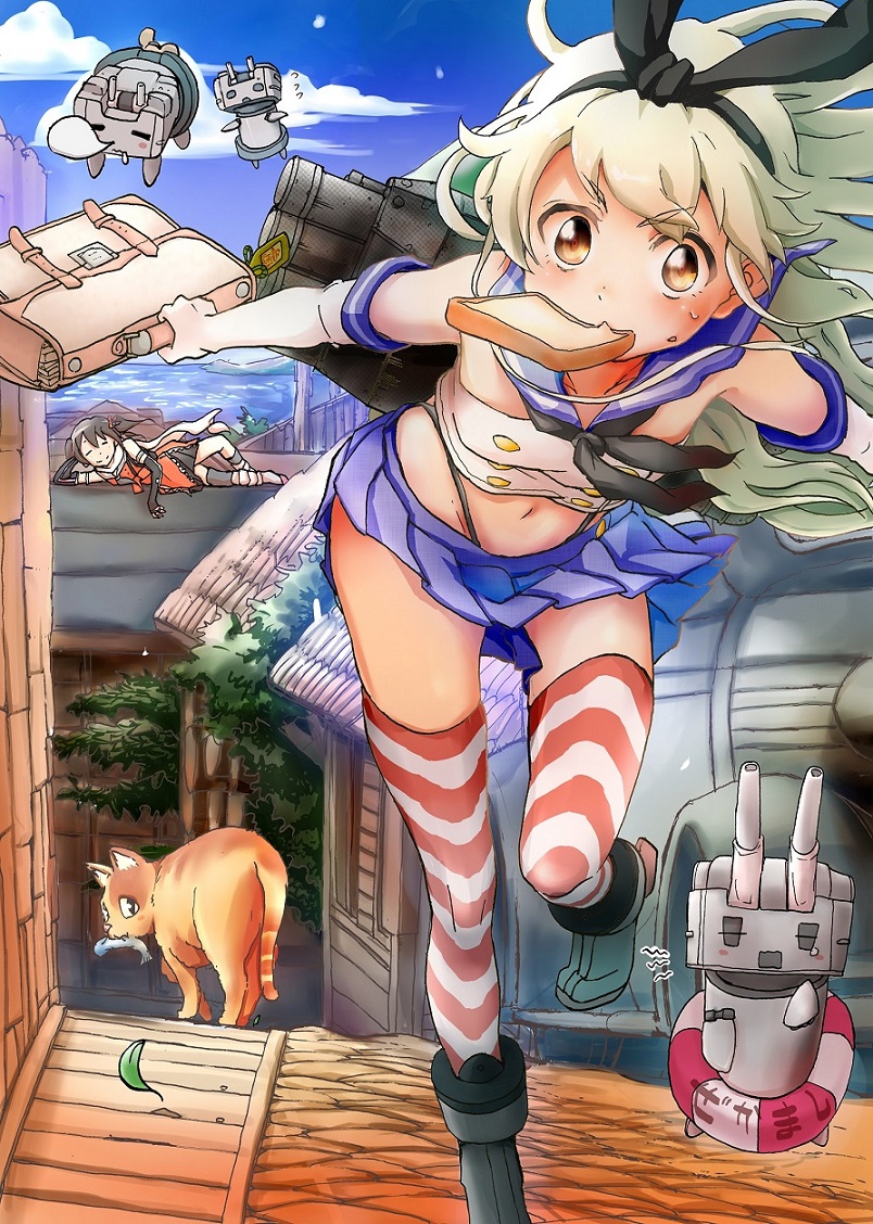 10s, 2girls, animal, arm_support, bag, bare_shoulders, black_panties, blonde_hair, blue_sky, blush, blush_stickers, boots, bread, bread_slice, brown_hair, cat, closed_eyes, cloud, cloudy_sky, day, elbow_gloves, eyebrows, fish, fish_in_mouth, flying_sweatdrops, food, food_in_mouth, gloves, grey_footwear, groin, hair_ornament, hairband, hand_on_head, head_rest, highleg, highleg_panties, house, inayama_kakuya, innertube, kantai_collection, lifebuoy, long_hair, looking_at_viewer, looking_back, lying, midriff, miniskirt, mouth_hold, multiple_girls, naka_(kancolle), navel, on_side, outstretched_arm, panties, pleated_skirt, rensouhou-chan, rigging, running, sailor_collar, school_uniform, sendai_(kancolle), serafuku, shimakaze_(kancolle), ship_turret, short_hair, skirt, sky, sleeveless, striped_clothes, striped_legwear, striped_thighhighs, sweatdrop, swim_ring, talisman, thighhighs, toast, toast_in_mouth, underwear, white_gloves, yellow_eyes