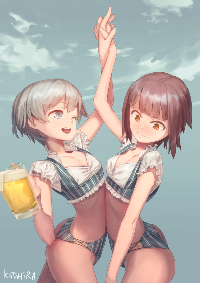 10s, 2girls, adapted_costume, alcohol, arm_up, artist_name, ass, beer