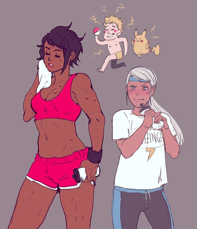 10s, 1boy, 2girls, androgynous, blanche_(pokemon), blonde_hair, brown_hair, candela_(pokemon), dark-skinned_female, dark-skinned_male, dark_skin, dolphin_shorts, emily_hu, gen_1_pokemon, gym_shorts, midriff, multiple_girls, navel, nintendo, pikachu, pokemon, pokemon_(creature), pokemon_go, short_shorts, shorts, silver_hair, spark_(pokemon), sports_bra, sweat, toned, toned_female, towel, yuri