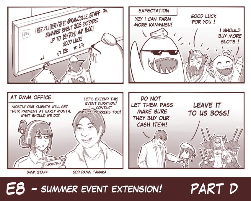 10s, 3girls, 4boys, 4koma, abyssal_ship, admiral_(kancolle), air_defense_princess, batsubyou