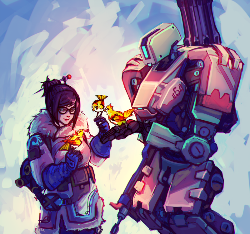 1girl, animal, arm_belt, autocannon, bastion_(overwatch), beads, belt, belt_pouch