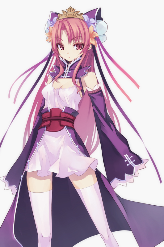 1girl, colored_eyelashes, detached_sleeves, dress, eyelashes, eyeshadow, female_focus, hair_ornament, long_hair, makeup, pink_eyes, pink_hair, sangokushi_taisen, shingo_(missing_link), solo, thighhighs, white_thighhighs, xiao_qiao_(sangokushi_taisen), zettai_ryouiki