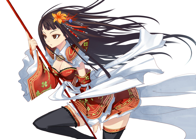 black_hair, brown_eyes, detached_sleeves, hair_ornament, long_hair, miniskirt, sangokushi_taisen, shingo_(missing_link)