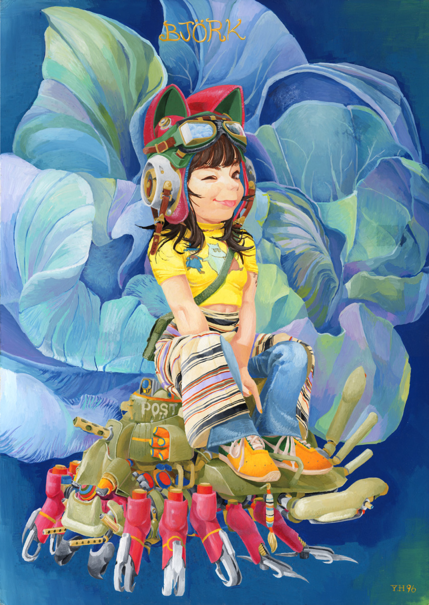 1996, 1girl, :p, bjork, character_name, dated, female_focus, goggles, goggles_on_head, helmet, highres, honzawa_yuuichirou, moomin, one_eye_closed, real_life, sitting, solo, tongue, tongue_out