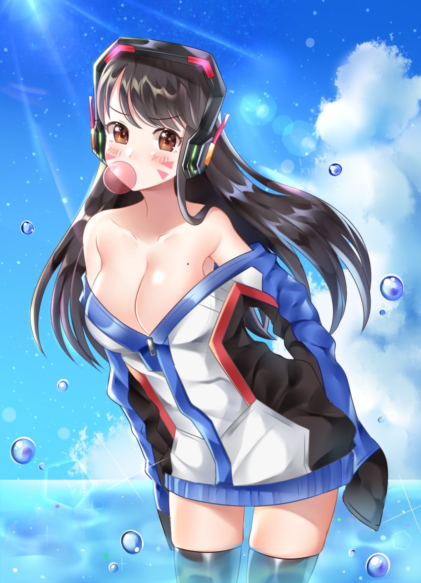 1girl, bare_shoulders, black_hair, black_thighhighs, blowing_bubble_gum, blowing_bubbles, blush, breasts