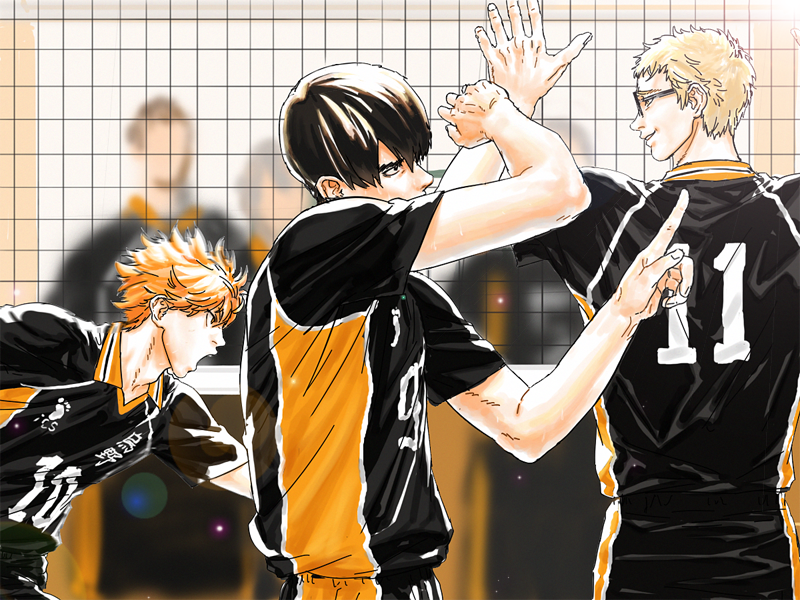 10s, 3boys, black_hair, blonde_hair, glasses, haikyuu!!, hinata_shouyou, indoors