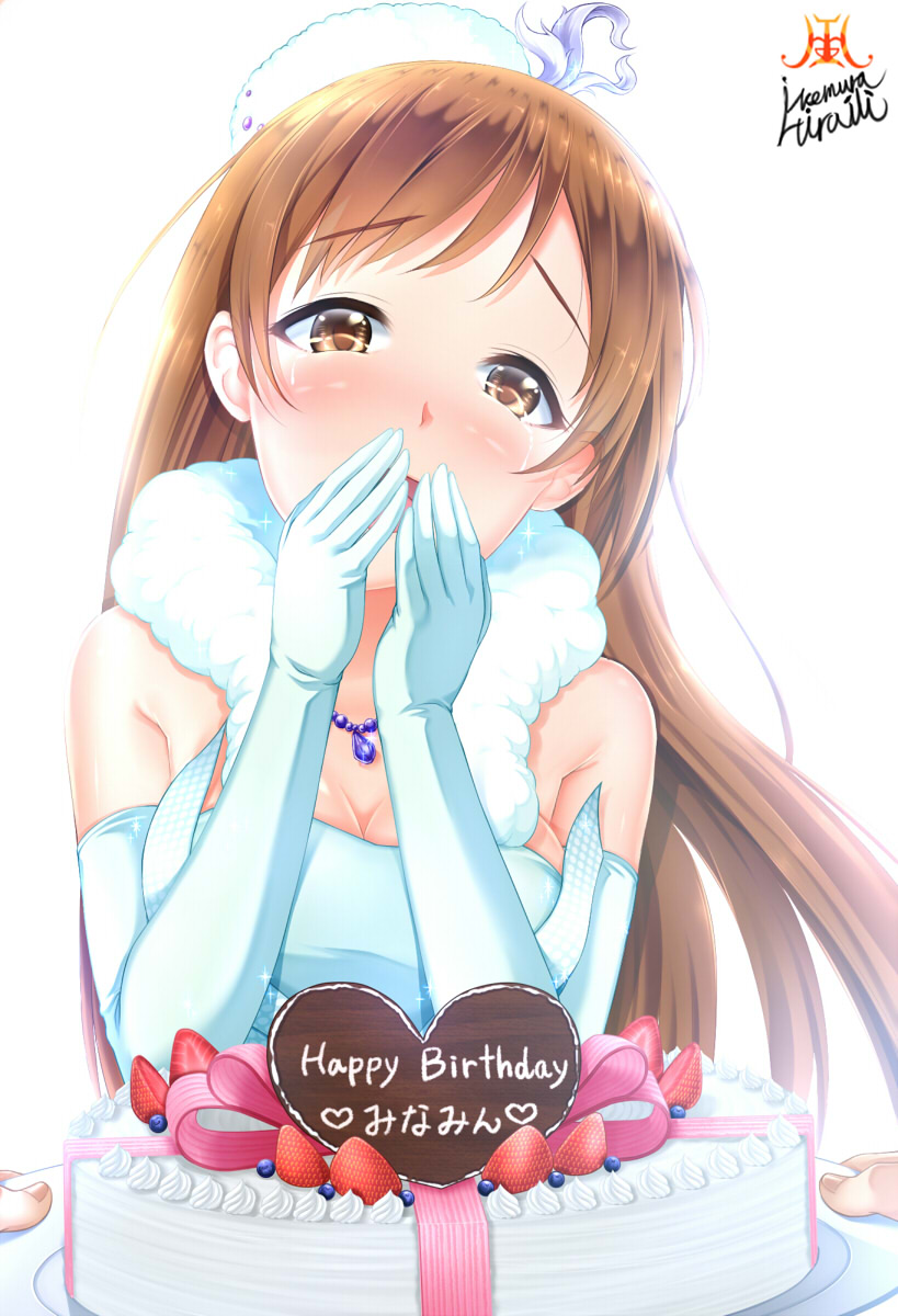 10s, 1girl, bare_shoulders, birthday_cake, breasts, brown_eyes, cake, commentary_request
