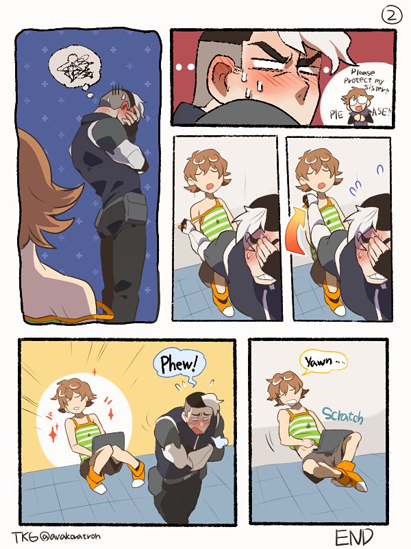 1girl, 2boys, arrow_(projectile), artist_name, blouse, blush, bodysuit, boots, brown_hair, comic, computer, embarrassed, english_text, eyewear_on_head, hyakujuu-ou_golion, laptop, matthew_holt, mechanical_arms, multicolored_hair, multiple_boys, off_shoulder, pidge_gundarsson, pidge_gunderson, shirt, short_hair, shorts, single_mechanical_arm, sleeping, spaghetti_strap, sparkle, spoken_squiggle, squiggle, striped_clothes, striped_shirt, t_k_g, takashi_shirogane, tank_top, tomboy, twitter_username, two-tone_hair, voltron:_legendary_defender, voltron_(series)