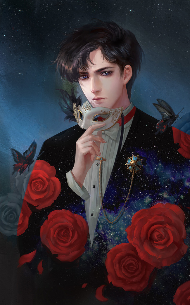 1boy, bishoujo_senshi_sailor_moon, black_hair, black_theme, blue_eyes, brooch, bug, butterfly