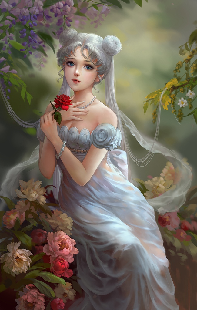 1girl, bare_shoulders, bead_bracelet, bead_necklace, beads, bishoujo_senshi_sailor_moon, blue_eyes, bracelet, branch, detached_sleeves, double_bun, dress, female_focus, flower, hair_bun, hand_on_own_chest, holding, jewelry, leaf, long_hair, nature, necklace, pearl_bracelet, pearl_necklace, peony_(flower), pink_lips, princess_serenity, red_flower, red_rose, rose, silver_hair, sitting, solo, strapless, strapless_dress, tsukino_usagi, twintails, very_long_hair, white_dress, wisteria, yinse_qi_ji