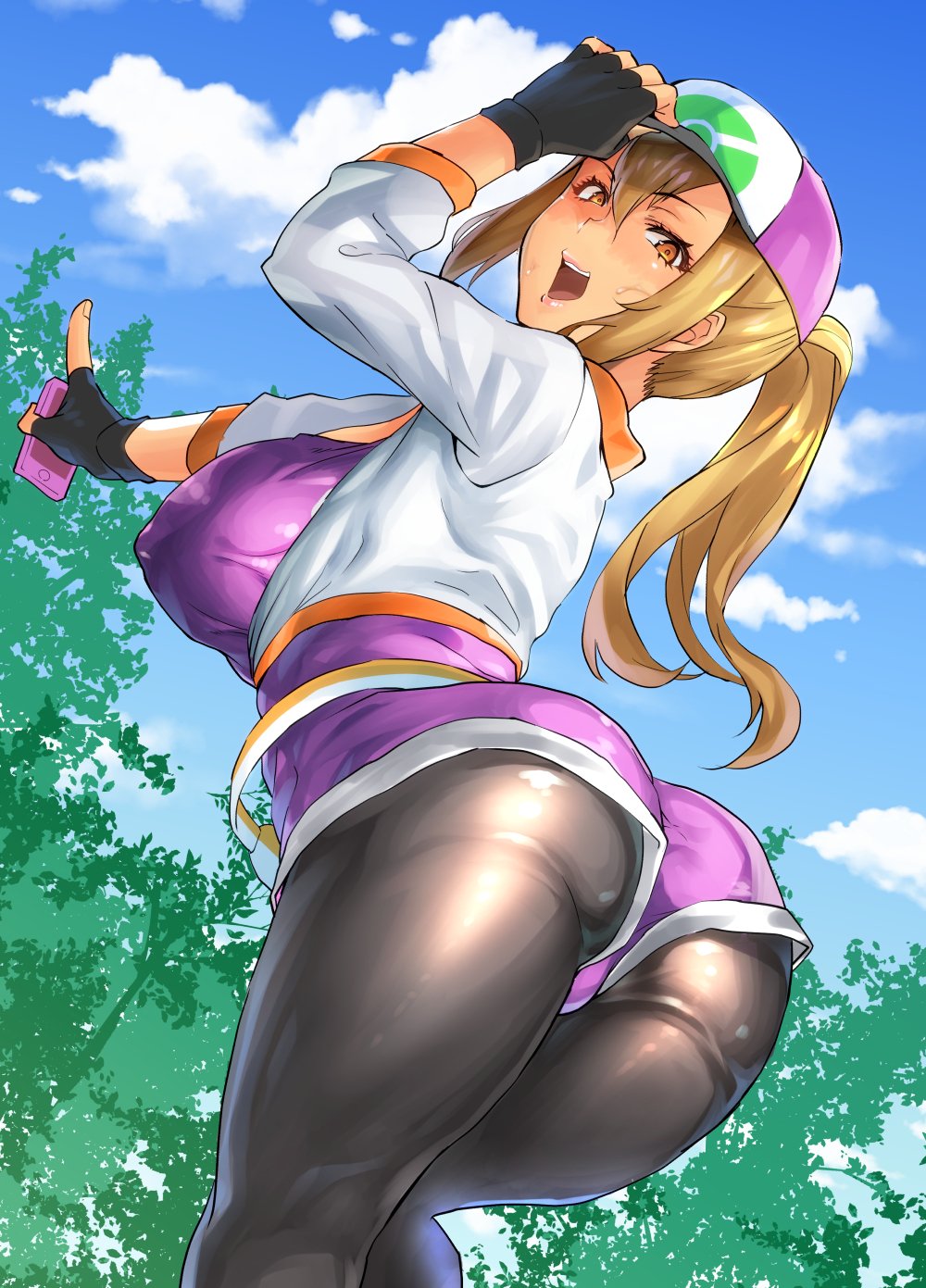 10s, 1girl, ass, baseball_cap, breasts, brown_eyes, brown_hair, cloud, covered_erect_nipples, day, female_focus, female_protagonist_(pokemon_go), fingerless_gloves, gloves, hat, highres, huge_breasts, large_breasts, leggings, long_hair, looking_at_viewer, looking_back, nintendo, pantyhose, pokemon, pokemon_go, pokkora, ponytail, short_shorts, shorts, sky, smile, solo