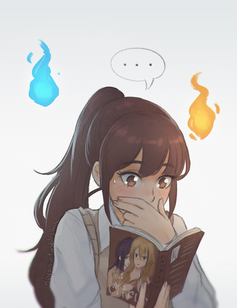 ..., aihara_mei, aihara_yuzu, blush, book, brown_eyes, brown_hair, citrus_(saburouta), cover, covering_own_mouth, koyorin, long_hair, manga_(object), okujou_no_yurirei-san, open_book, ponytail, reading, school_uniform, solo, speech_bubble, spoken_ellipsis, sweatdrop, sweater_vest, toomi_yuna, yuri