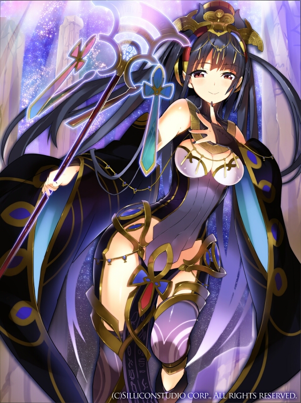 1girl, black_hair, black_nails, breasts, brown_eyes, cleavage, closed_mouth, company_name