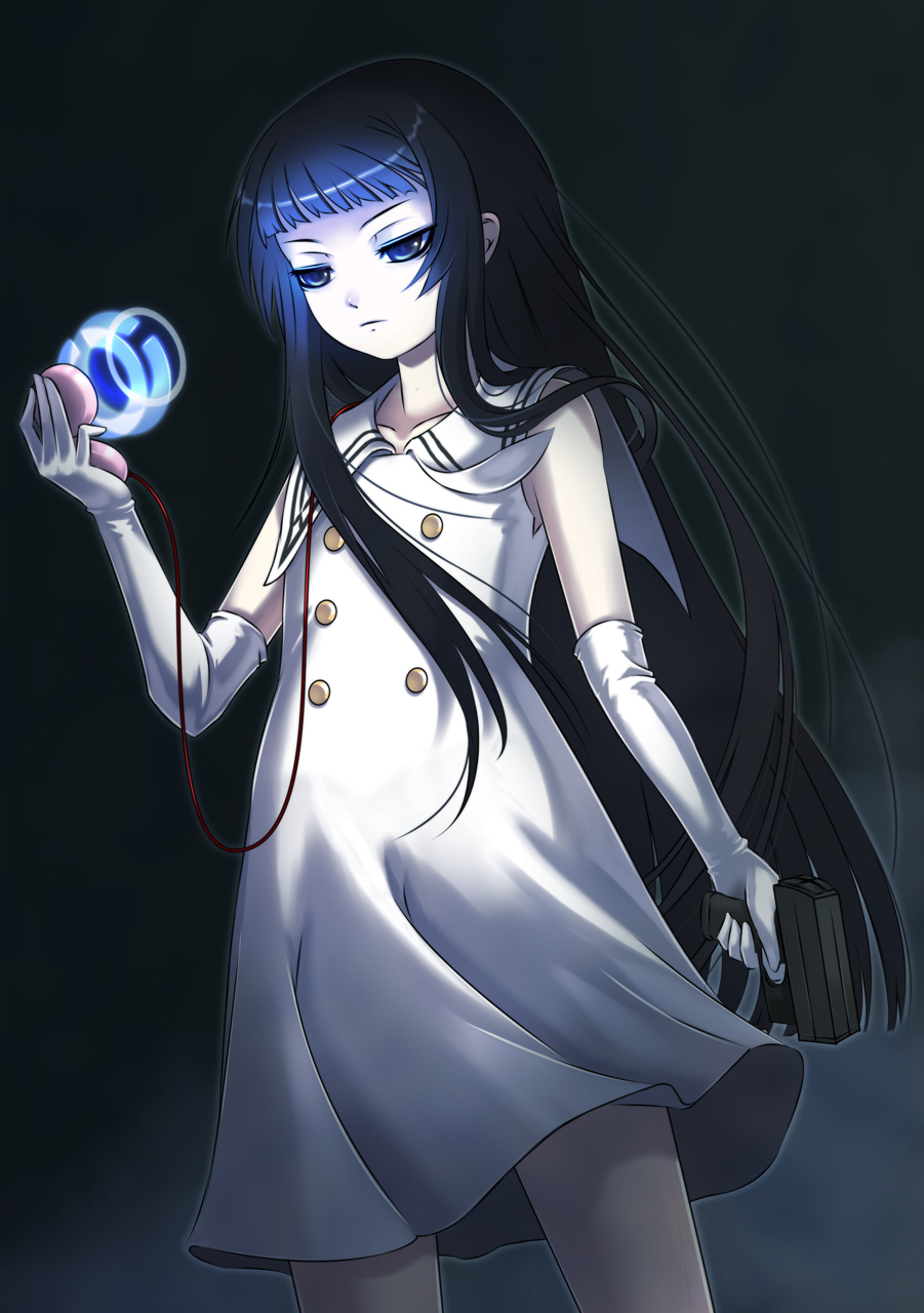 1girl, black_eyes, black_hair, blunt_bangs, child, cyberpunk, dress, elbow_gloves