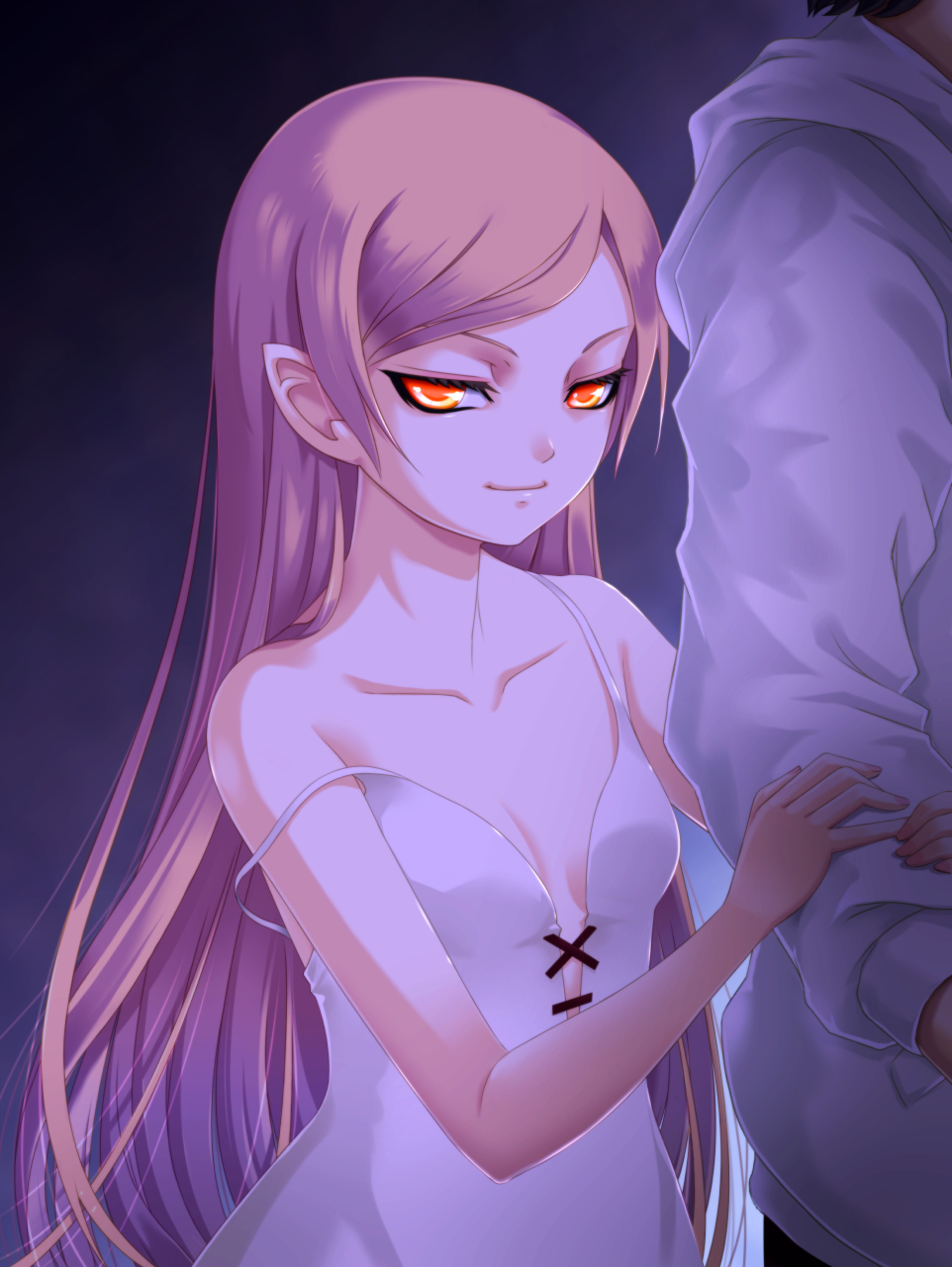 10s, 1boy, 1girl, arm_hug, blonde_hair, evil_smile, glowing, glowing_eyes, highres, kiss-shot_acerola-orion_heart-under-blade, kiss-shot_acerola-orion_heart-under-blade_(young), kizumonogatari, long_hair, looking_at_viewer, mc-4, monogatari_(series), orange_eyes, oshino_shinobu, pointy_ears, smile, solo_focus, strap_slip, swept_bangs, very_long_hair