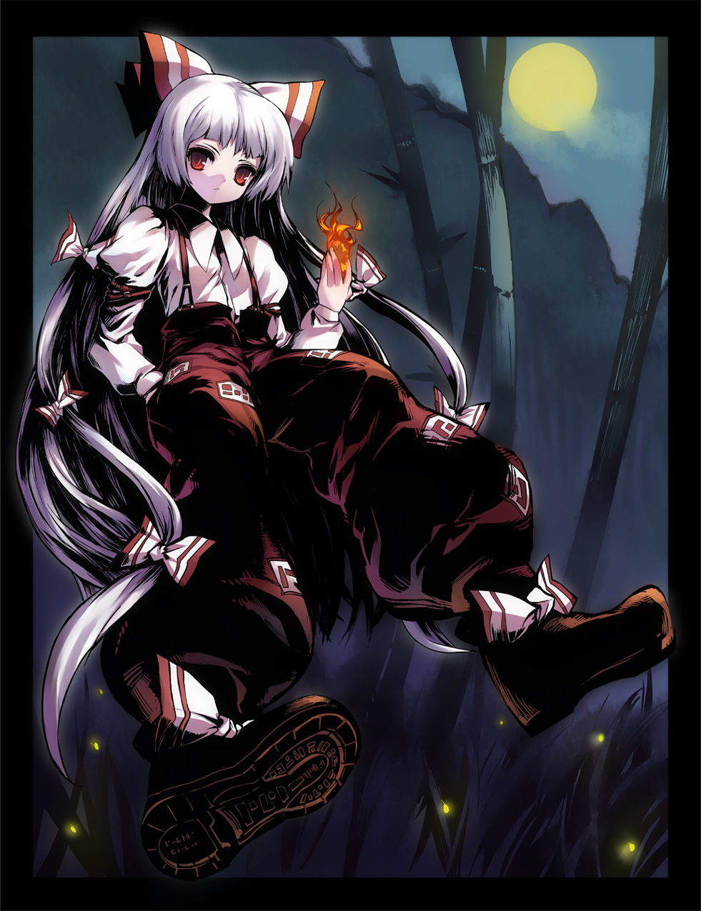 1girl, female_focus, fire, fujiwara_no_mokou, highres, long_hair, monk_(syugyousou), ribbon