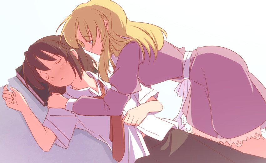 2girls, blonde_hair, brown_hair, dress, closed_eyes, long_hair, maribel_hearn, multiple_girls