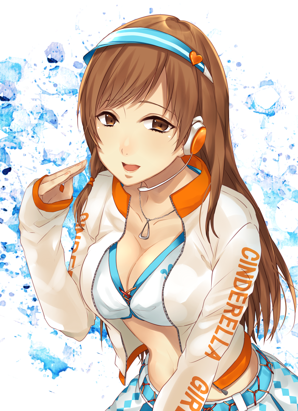 10s, 1girl, bad_id, bad_pixiv_id, breasts, brown_eyes, brown_hair, cleavage
