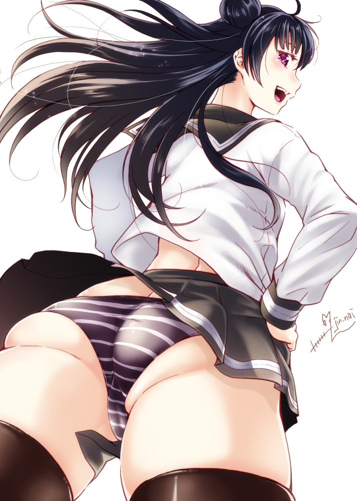 10s, 1girl, artist_name, ass, back, black_hair, black_panties, black_skirt
