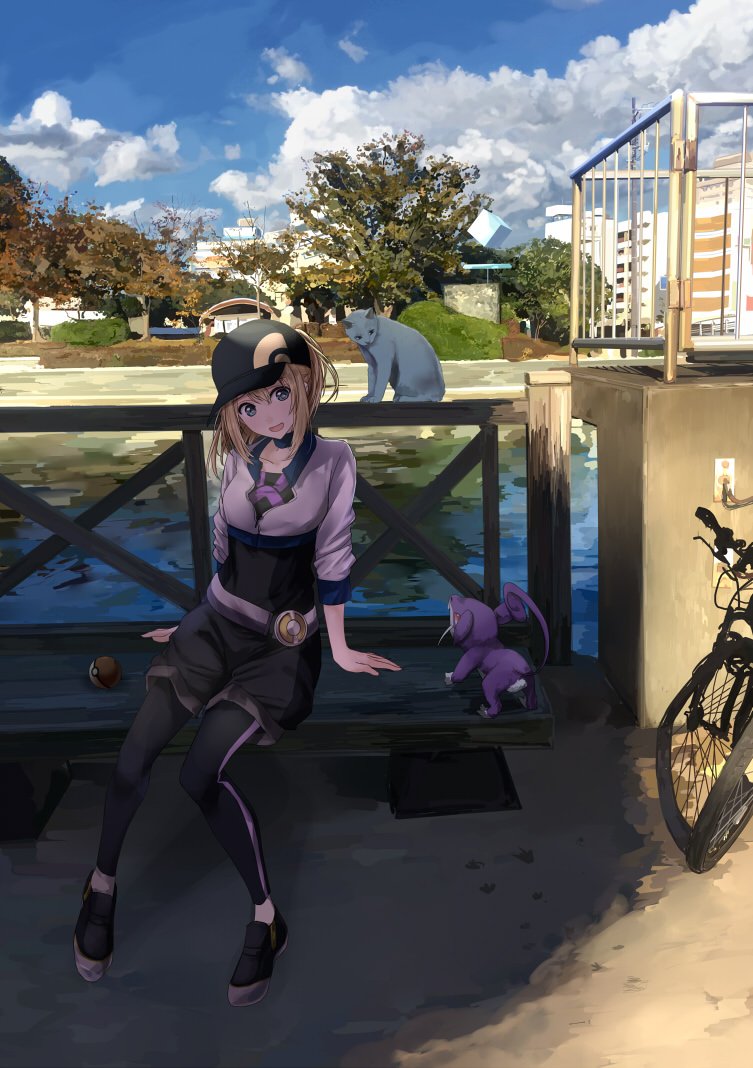 10s, 1girl, arm_support, baseball_cap, bench, bicycle, black_footwear, blonde_hair