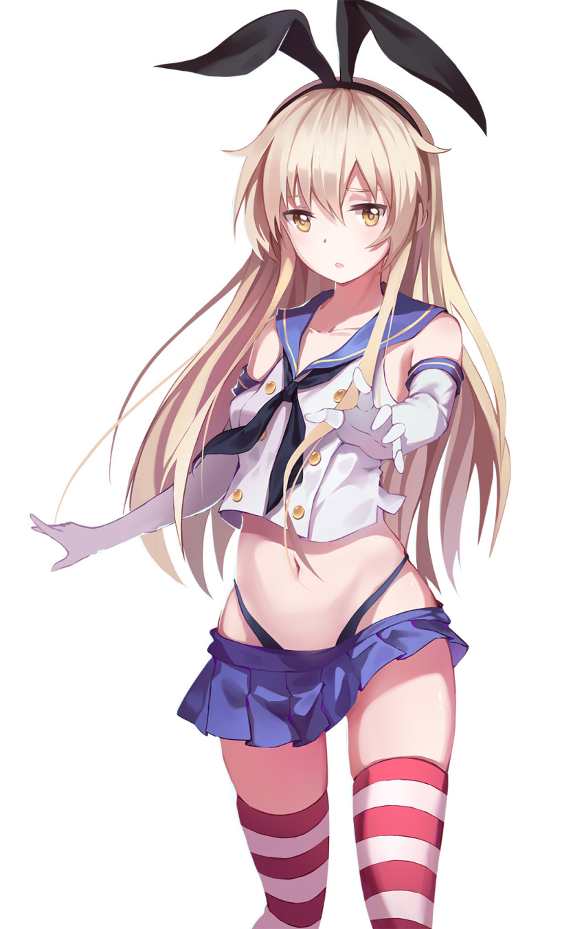 10s, 1girl, blonde_hair, blue_skirt, crop_top, elbow_gloves, eyebrows, female_focus