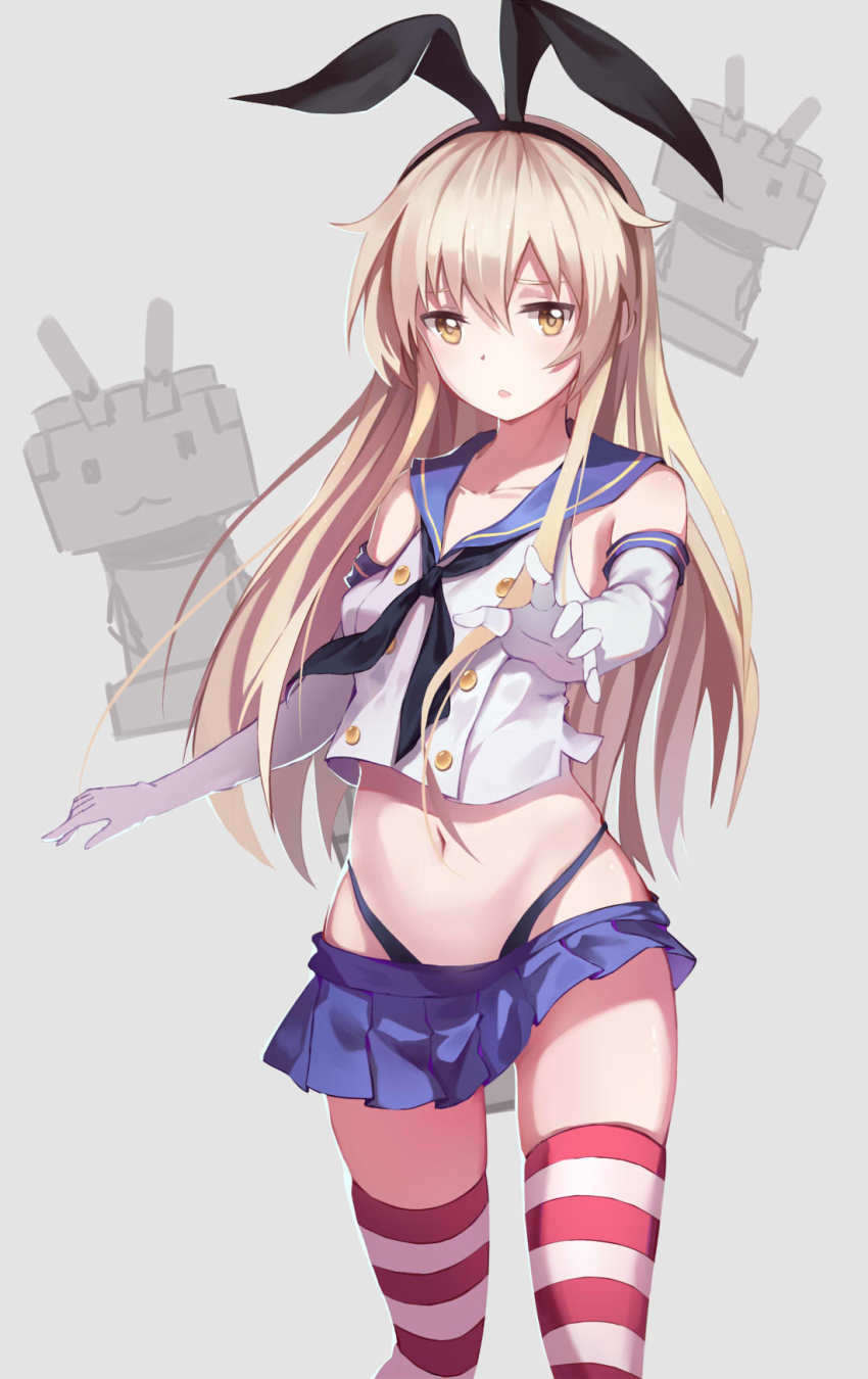 10s, 1girl, blonde_hair, blue_skirt, crop_top, elbow_gloves, eyebrows, gloves