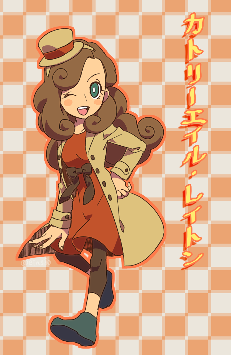 1girl, ;), bad_id, bad_pixiv_id, blush, blush_stickers, brown_hair, character_name, checkered_background, dress, female_focus, green_eyes, hairband, hat, katrielle_layton, layton's_mystery_journey, leggings, long_hair, mini_hat, mini_top_hat, nishizawa_ichiya, one_eye_closed, professor_layton, smile, solo, top_hat, twitter_username