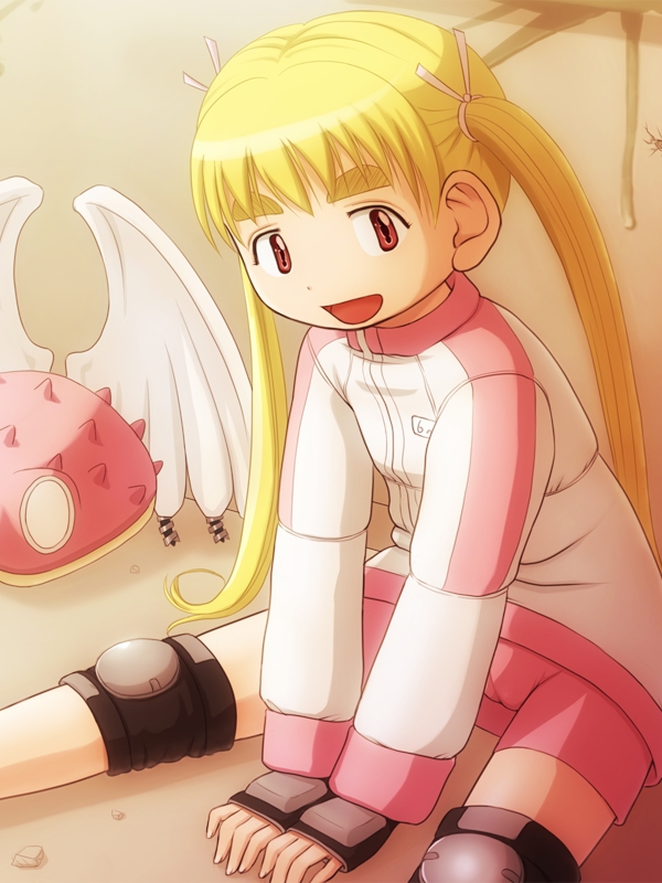 1girl, :d, alien_nine, bike_shorts, blonde_hair, borg_(alien_nine), brown_eyes, cameltoe
