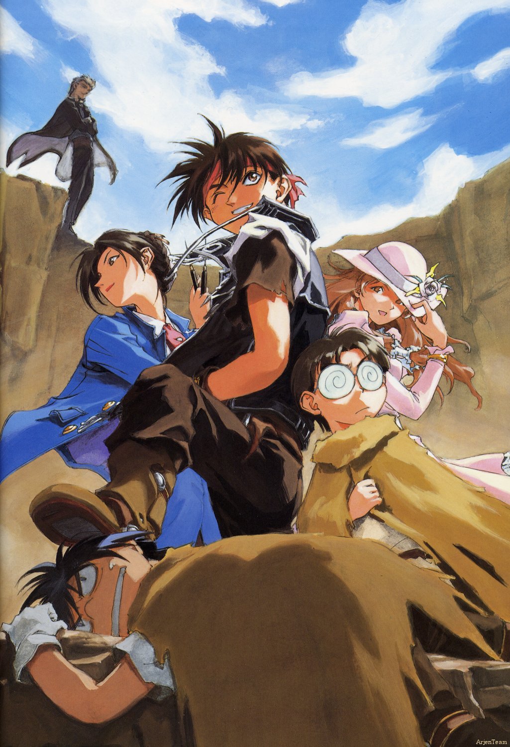 2girls, 4boys, black_hair, bonnie_magee, brown_hair, cape, cloud, constance_magee, day, dortin, dress, glasses, gloves, hat, headband, highres, keith_royal, kusaka_yuuya, long_hair, majutsushi_orphen, multiple_boys, multiple_girls, one_eye_closed, orphen, scan, sky, volkan
