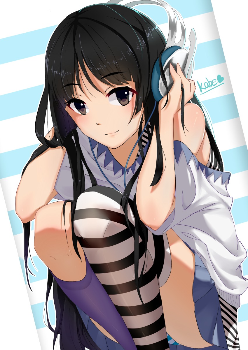 1girl, abi_(kabe), absurdres, akiyama_mio, artist_name, asymmetrical_legwear, black_eyes, black_hair, commentary_request, eyebrows, female_focus, hands_on_headphones, headphones, highres, k-on!, kneehighs, light_smile, long_hair, looking_at_viewer, loose_clothes, loose_shirt, mismatched_legwear, panties, panty_peek, pantyshot, pleated_skirt, purple_socks, shirt, skirt, socks, solo, squatting, striped_clothes, striped_panties, striped_socks, striped_thighhighs, tareme, thighhighs, underwear