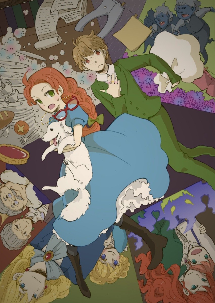 blonde_hair, blue_eyes, book, bread, charmain_baker, cup, food, glasses, green_eyes, grey_hair, highres, house_of_many_ways, howl's_moving_castle_(novel), howl_(howl_no_ugoku_shiro), king_adolphus_x, morgan_pendragon, paper, peter_regis, pie, plate, princess_hilda_(house_of_many_ways), purpleboots, red_eyes, red_hair, sack, sophie_hatter_(howl_no_ugoku_shiro), twinkle_(house_of_many_ways), waif_(house_of_many_ways)