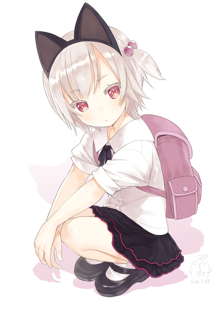 +_+, 1girl, 2016, animal_ears, backpack, bag, black_skirt, blush