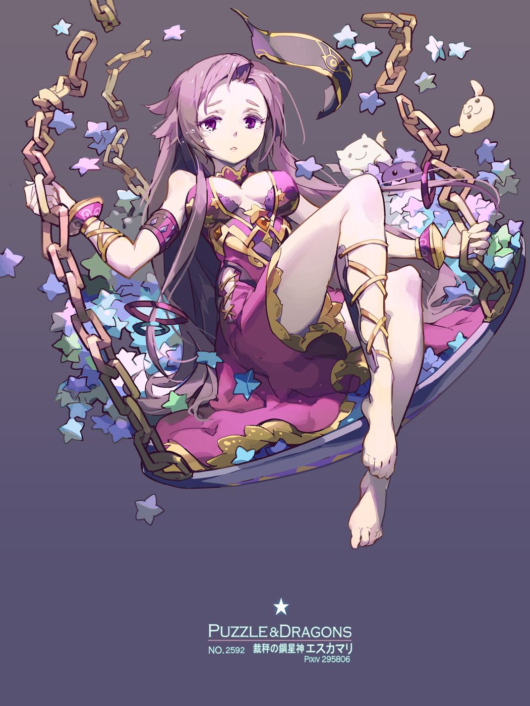 1girl, anklet, armlet, bare_shoulders, barefoot, bracelet, breasts, choker, cleavage, commentary_request, dress, eschamali_(p&amp;d), female_focus, highres, jewelry, legs, long_hair, looking_at_viewer, purple_eyes, purple_hair, puzzle_&amp;_dragons, sitting, solo, tears, tennohi