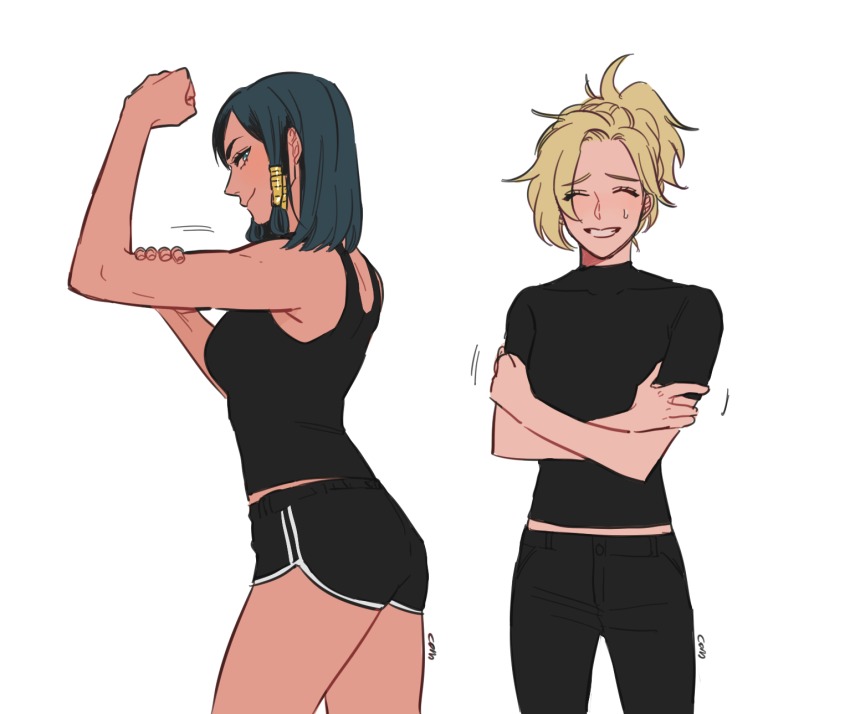 2girls, :d, bare_shoulders, beads, black_hair, black_pants, black_shirt, black_shorts