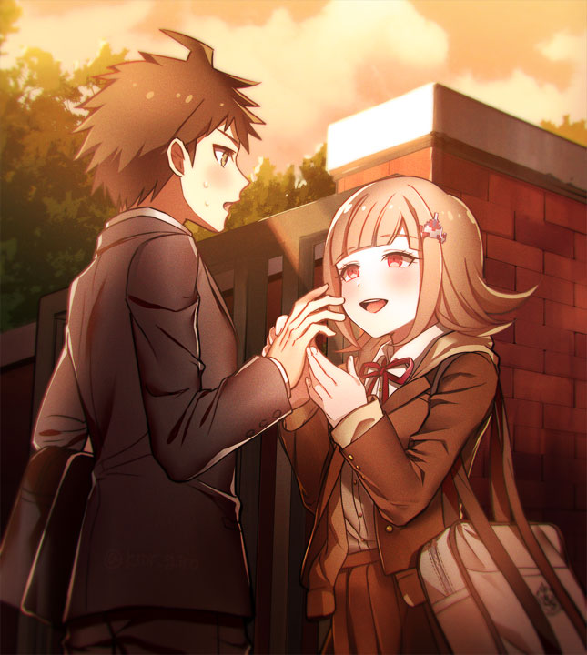10s, 1boy, 1girl, bag, blush, danganronpa_(series), danganronpa_3_(anime), flipped_hair, hair_ornament, holding_hands, hasumikaoru, hetero, hinata_hajime, hood, hoodie, nanami_chiaki, pink_eyes, school_uniform, short_hair, smile