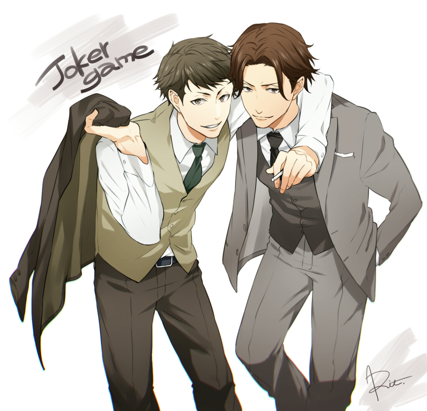 2boys, amari_(joker_game), arm_around_shoulder, bad_id, bad_pixiv_id, belt, brown_eyes, brown_hair
