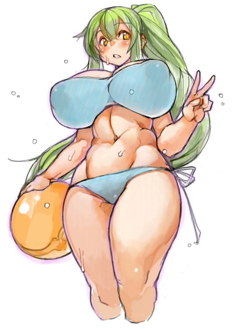 1girl, ball, beachball, bikini, blue_bikini, blush, breasts, covered_erect_nipples, female_focus, green_hair, groin, high_ponytail, huge_breasts, long_hair, navel, original, ponytail, sachito, side-tie_bikini_bottom, simple_background, solo, sumi-chan_(sachito), swimsuit, thick_thighs, thighs, v, white_background, yellow_eyes