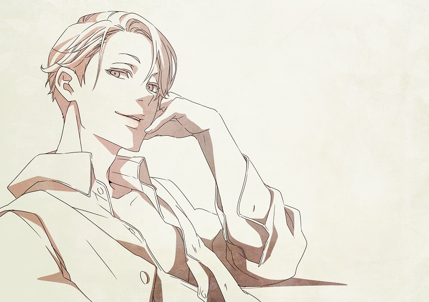 1boy, brown_eyes, dress_shirt, hand_on_own_cheek, hand_on_own_face, joker_game, looking_at_viewer, male_focus