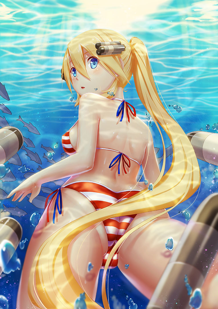 1girl, american_flag, american_flag_bikini, american_flag_print, archerfish_(warship_girls_r), ass, bad_id, bad_pixiv_id, bare_arms, bikini, blonde_hair, blue_eyes, blush, breasts, bubble, cowboy_shot, female_focus, fish, flag_print, flag_print_bikini, from_behind, hair_between_eyes, long_hair, looking_at_viewer, looking_back, parted_lips, ponytail, print_bikini, shoulder_blades, side-tie_bikini_bottom, solo, string_bikini, sunlight, swimsuit, torpedo, underwater, very_long_hair, warship_girls_r, yizhirenben