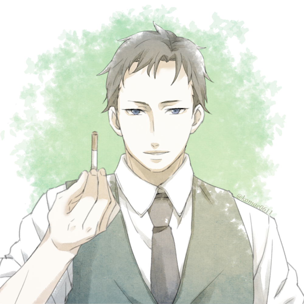 1boy, black_necktie, blue_eyes, brown_hair, cigarette, joker_game, k0mk0mk0m, looking_at_viewer