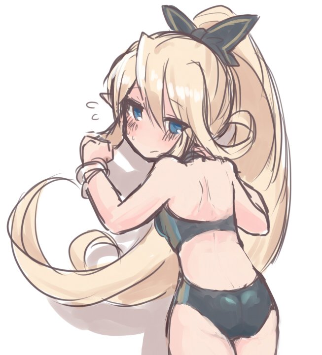 10s, 1girl, ass, bad_id, bad_twitter_id, black_bow, blonde_hair, blue_eyes, blush, bow, bracelet, charlotta_(granblue_fantasy), competition_swimsuit, female_focus, flat_ass, flying_sweatdrops, from_behind, granblue_fantasy, hair_bow, hair_up, harvin, jewelry, long_hair, looking_back, one-piece_swimsuit, sherad, simple_background, solo, swimsuit, white_background