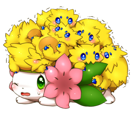 aimi_(aimia492), biting, blue_eyes, blush, gen_4_pokemon, gen_5_pokemon, green_eyes, joltik