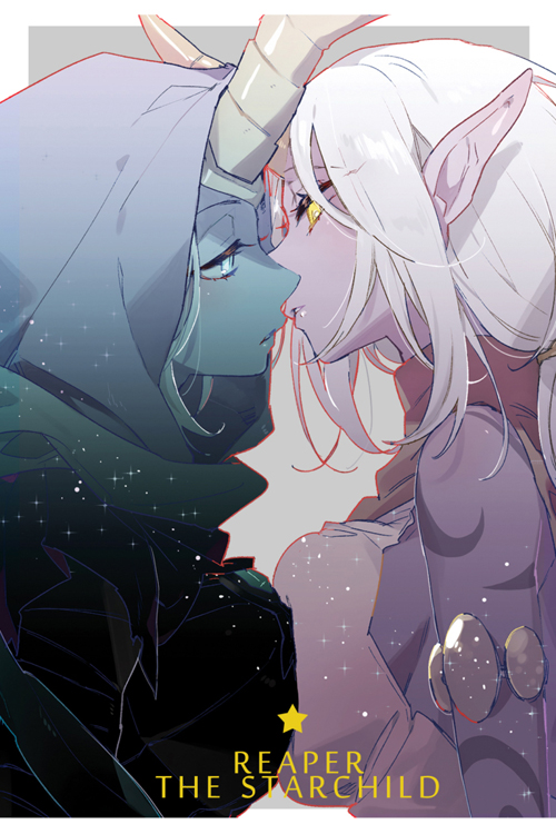 2girls, alternate_costume, alternate_eye_color, alternate_skin_color, bare_shoulders, blue_eyes, blue_skin, blue_skirt, breast_press, breasts, cloak, colored_skin, dual_persona, es_(esscarlet), from_side, glowing, glowing_eyes, hood, hooded_cloak, horns, imminent_kiss, jitome, large_breasts, league_of_legends, lips, long_hair, looking_at_another, multiple_girls, pointy_ears, profile, purple_skin, reaper_soraka, selfcest, simple_background, single_horn, skirt, soraka_(league_of_legends), symmetrical_docking, tattoo, very_long_hair, white_hair, yellow_eyes, yuri