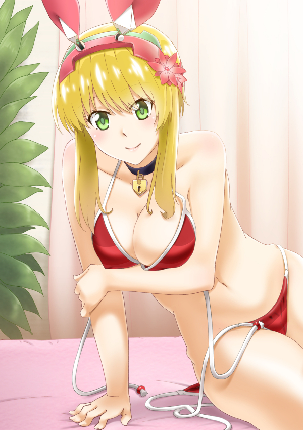 1girl, bare_shoulders, blonde_hair, breast_press, breasts, choker, cleavage, collarbone