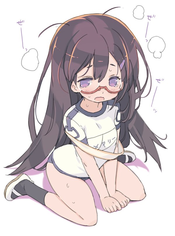 1girl, blade_(galaxist), blush, exhausted, female_focus, full_body, glasses, gym_uniform, hair_ornament, hairclip, long_hair, mary_lane, messy_hair, open_mouth, pop-up_story, purple_eyes, purple_hair, red-framed_eyewear, semi-rimless_eyewear, simple_background, sitting, solo, sweat, tears, white_background
