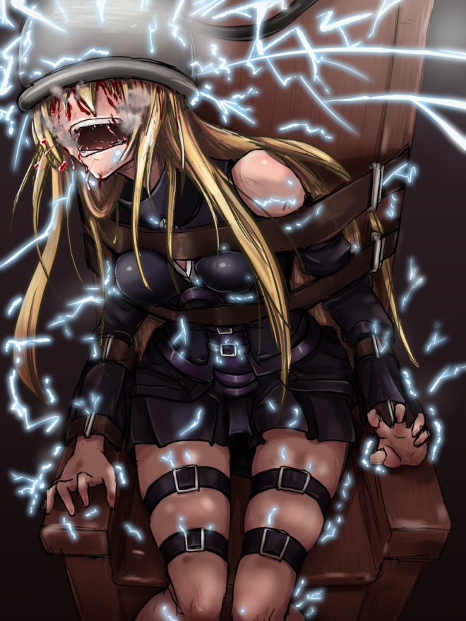 1girl, blonde_hair, blood, blood_from_mouth, blood_on_face, electric_chair, electricity, electrocution, execution, guro, heropin, konjiki_no_yami, long_hair, miniskirt, open_mouth, pain, restrained, skirt, spitting, spitting_blood, strap, teeth, to_love-ru, torture