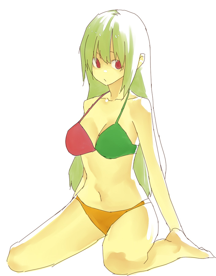 bad_id, bad_pixiv_id, bikini, breasts, cleavage, green_hair, hama_(22ji_kara_24ji), hama_(pixiv), navel, red_eyes, swimsuit