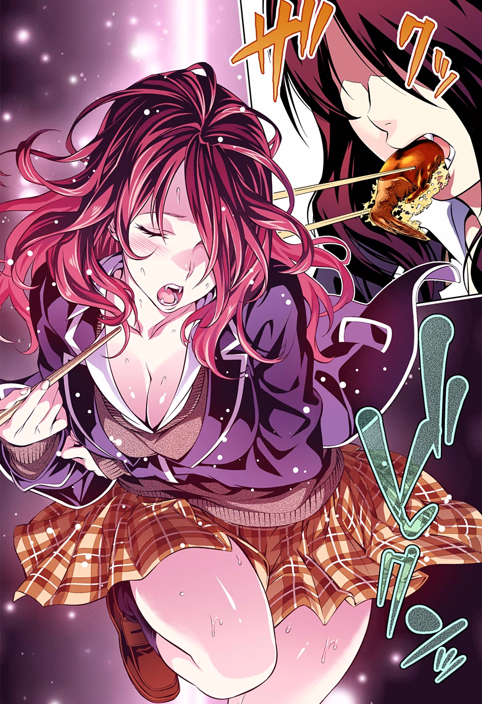 10s, 1girl, breasts, checkered_clothes, checkered_skirt, cleavage, collarbone, eating