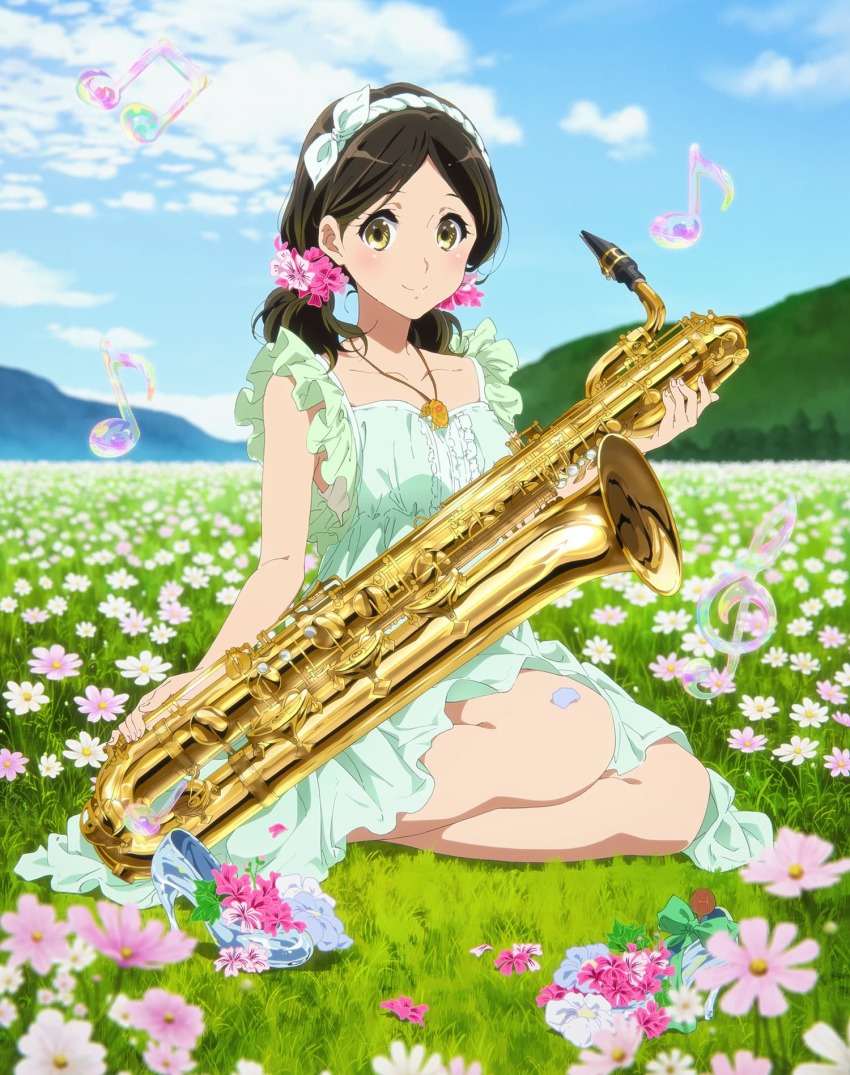 10s, 1girl, baritone_saxophone, beamed_quavers, black_hair, brown_eyes, cloud, collarbone, day, dress, female_focus, flower, full_body, glass_slipper, hair_flower, hair_ornament, hairband, hibike!_euphonium, highres, instrument, jewelry, looking_at_viewer, musical_note, necklace, official_art, ogasawara_haruka, outdoors, quaver, sitting, solo, treble_clef, twintails